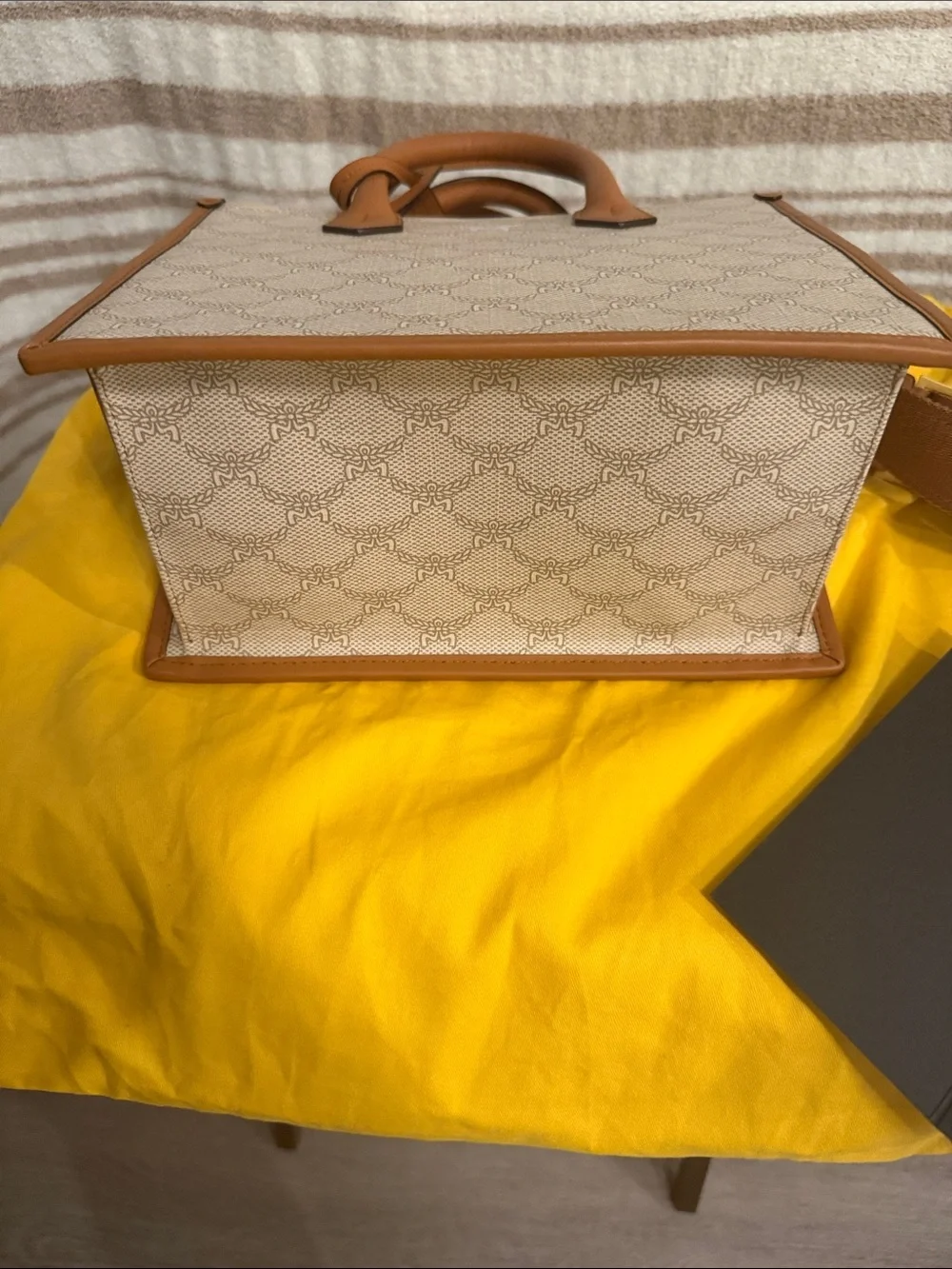 MCM Beige Canvas Satchel with Tan Leather Trim